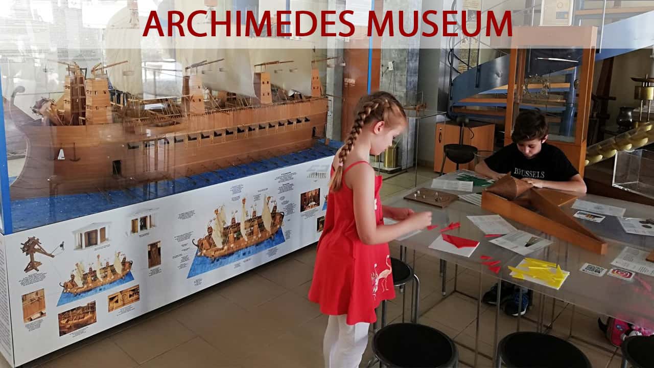 Kids play games of Ancient Greek technology in the Archimedes Museum at Olympia Greece