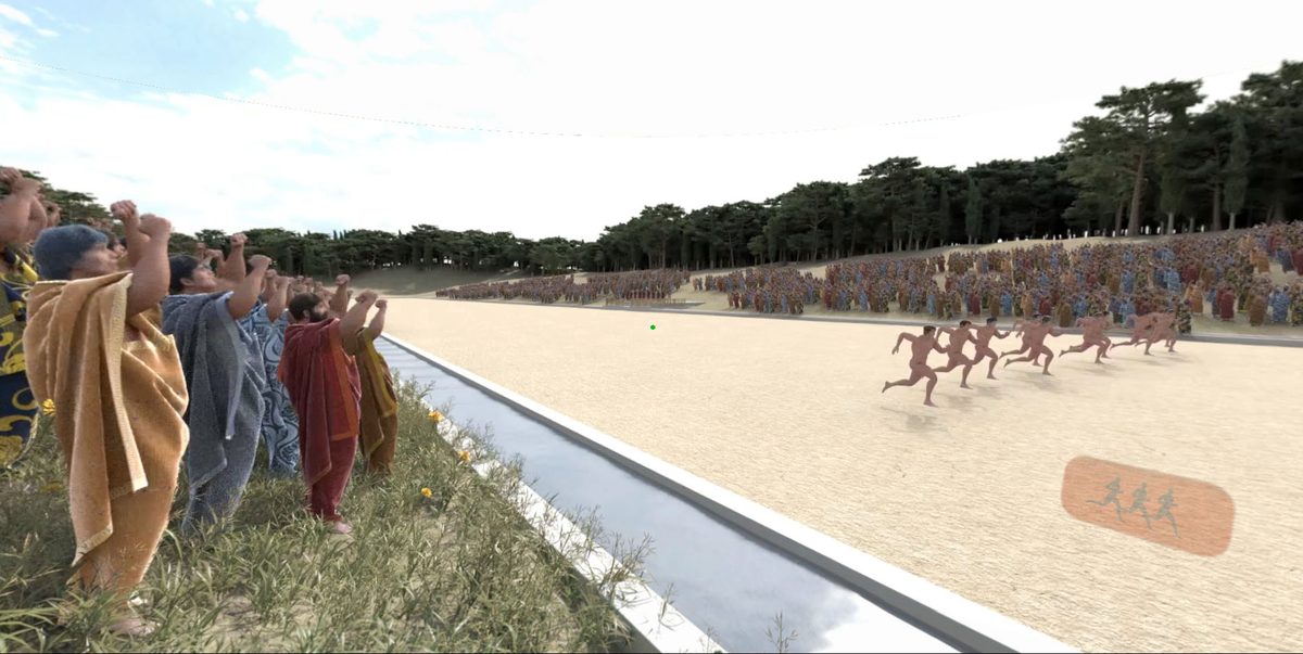 Athletes racing in the ancient Stadium of Olympia, in virtual reality
