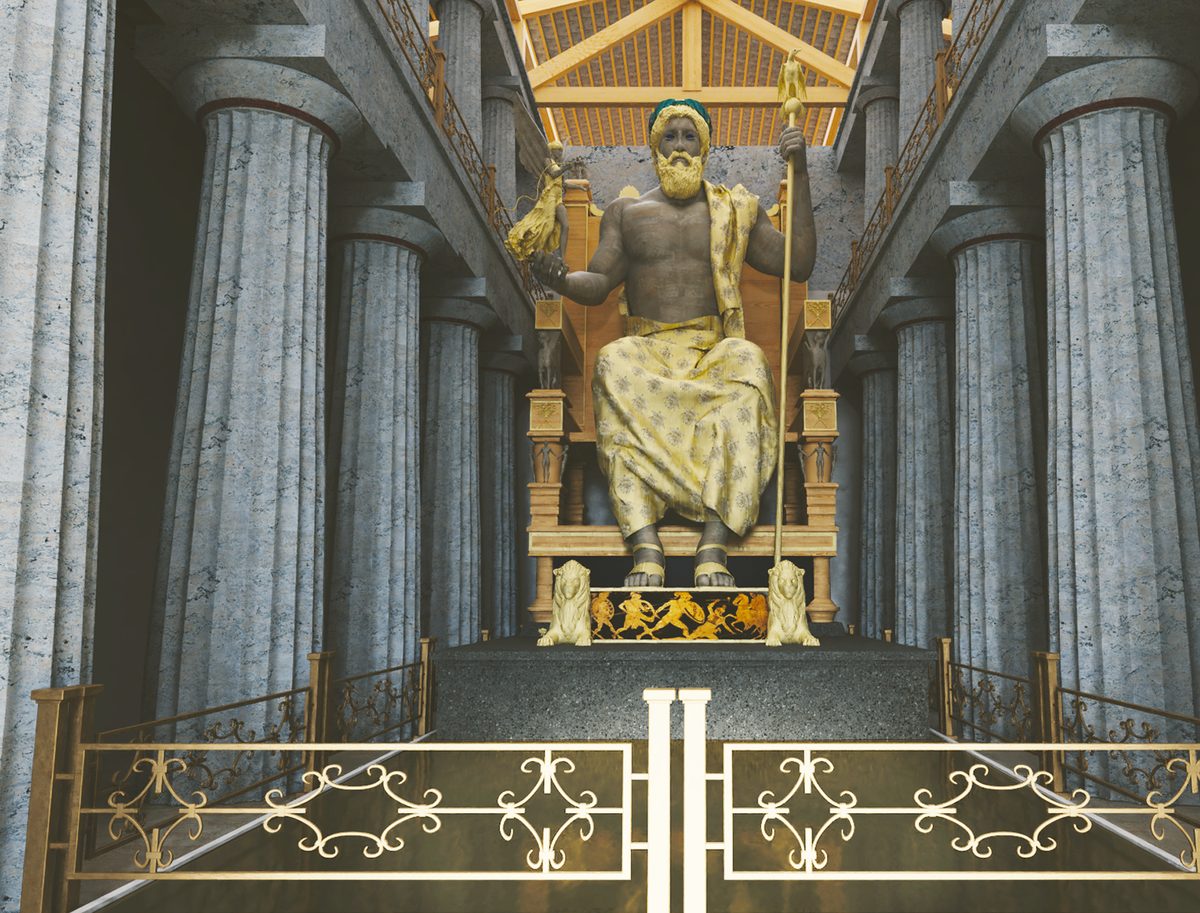 The giant Statue of Zeus inside his temple, rebuilt in 3D