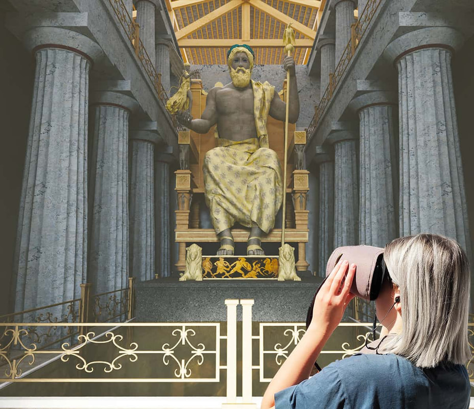 Girl using virtual reality glasses in the archaeological site of olympia to see the statue of Zeus